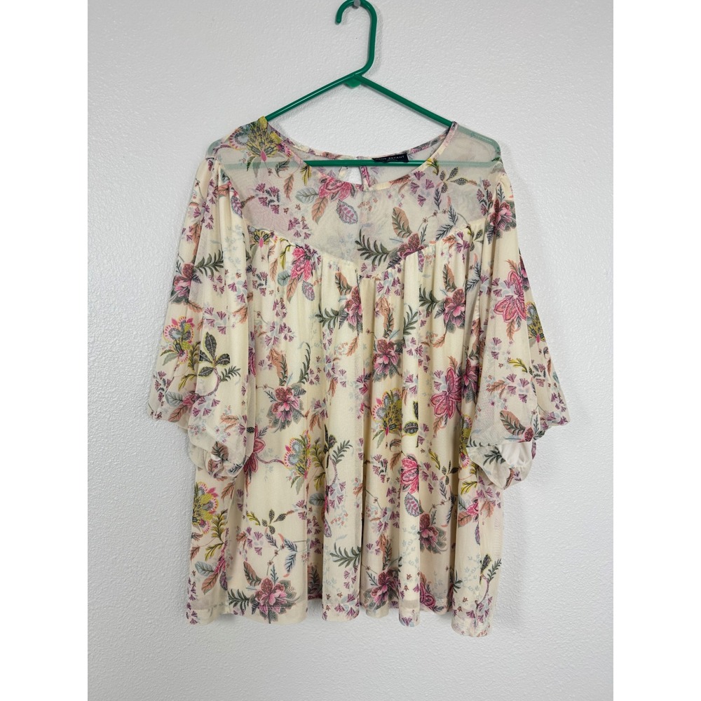 Lane Bryant Floral Mesh Babydoll Top Womens 22/24 Pink Yellow Sheer Overlay